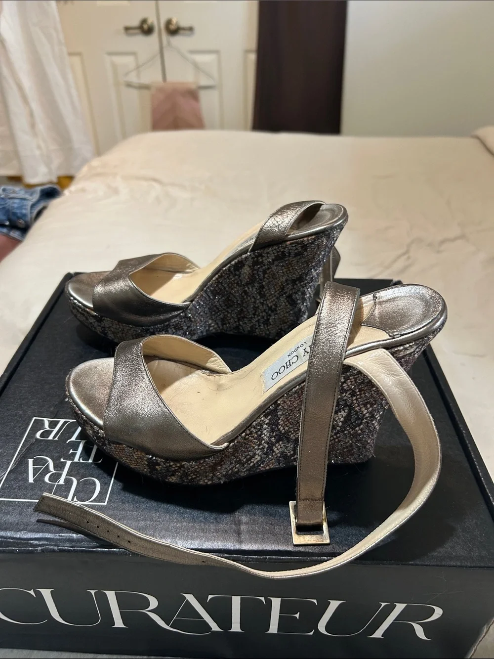 Jimmy Choo Pewter Metallic Snakeskin-Print Wedge Sandals
